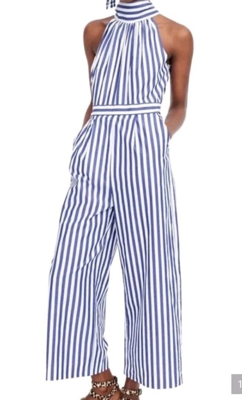 J.Crew Blue White Striped Halter Jumpsuit Pants Women's Size 18 Cotton Tie Back